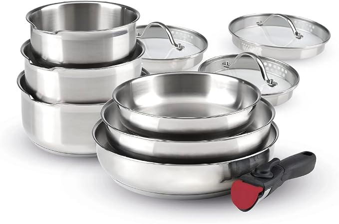 Batterie de cuisine Brandt 10 pièces, inox sans revêtement, poignée amovible