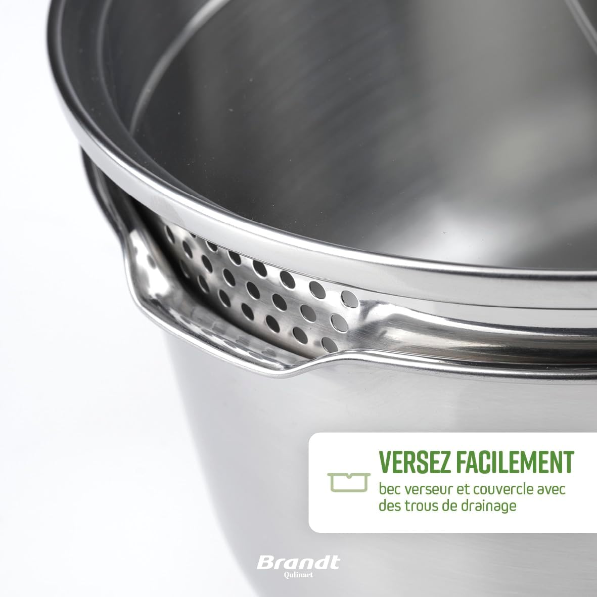 Batterie de cuisine Brandt 10 pièces, inox sans revêtement, poignée amovible