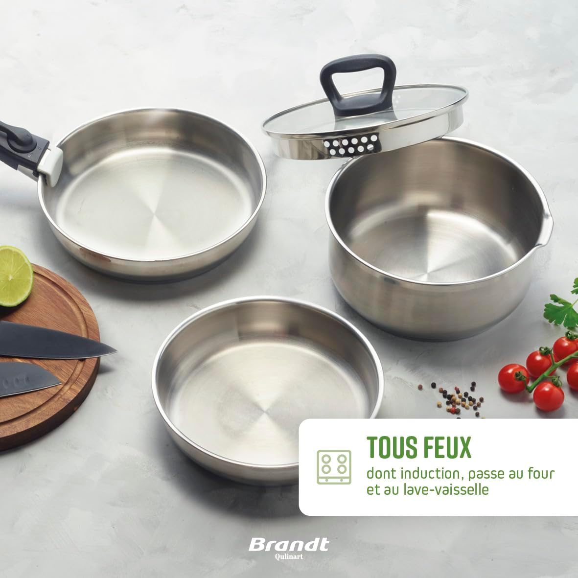 Batterie de cuisine Brandt 10 pièces, inox sans revêtement, poignée amovible
