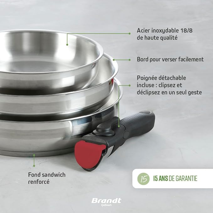 Batterie de cuisine Brandt 10 pièces, inox sans revêtement, poignée amovible