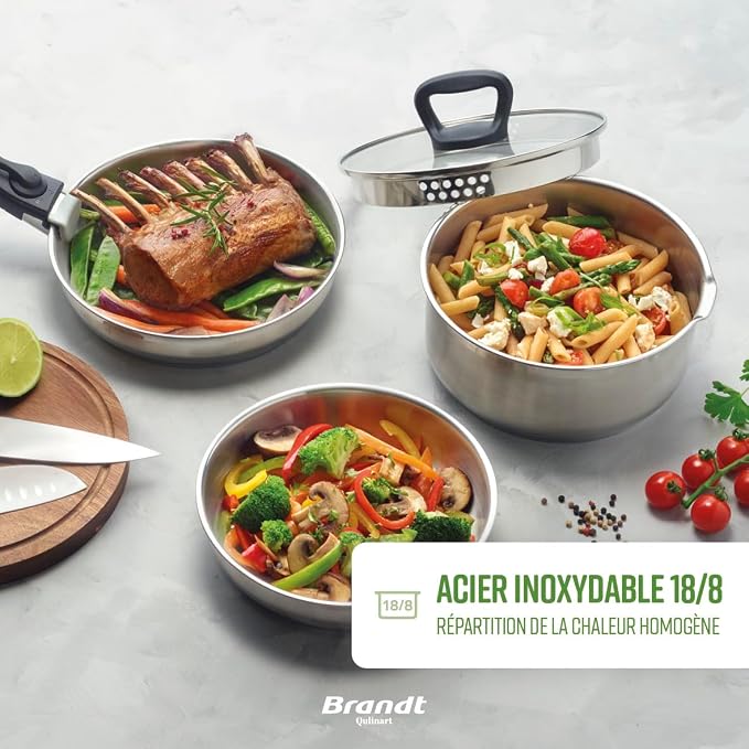 Batterie de cuisine Brandt 10 pièces, inox sans revêtement, poignée amovible