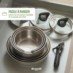 Batterie de cuisine Brandt 10 pièces, inox sans revêtement, poignée amovible