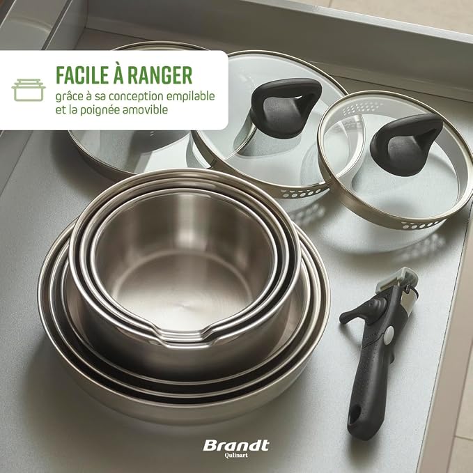 Batterie de cuisine Brandt 10 pièces, inox sans revêtement, poignée amovible